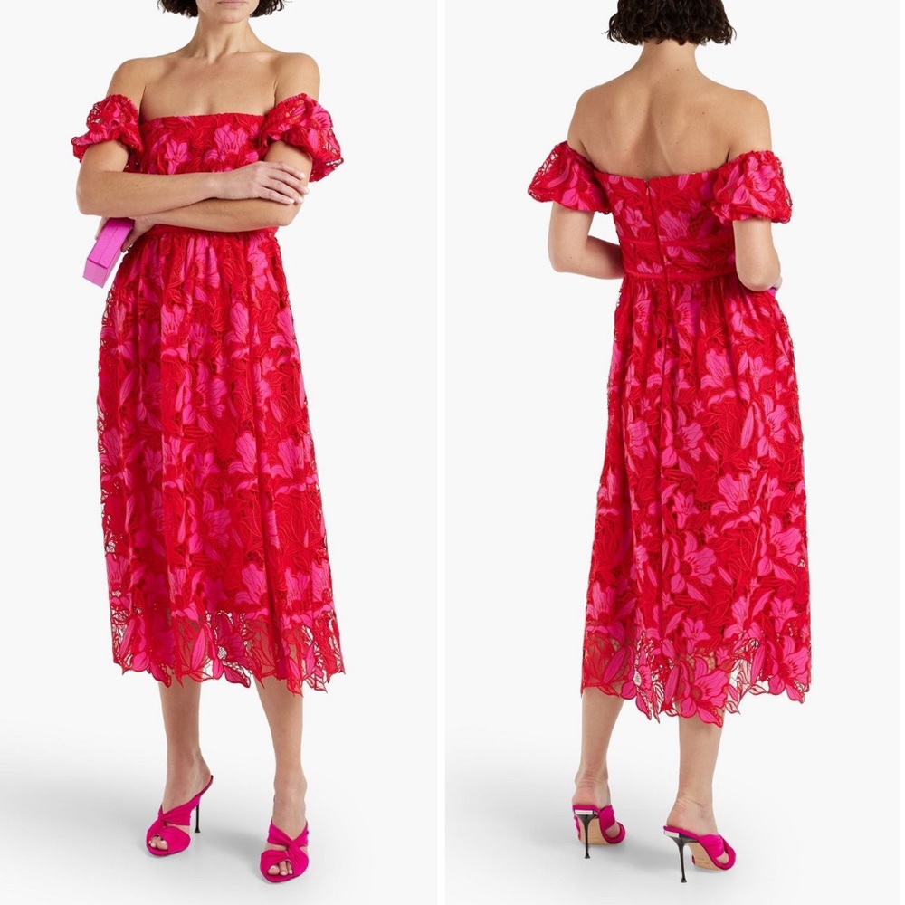 ML Monique Lhuillier | Off Shoulder Fit & Flare Lace Midi Dress